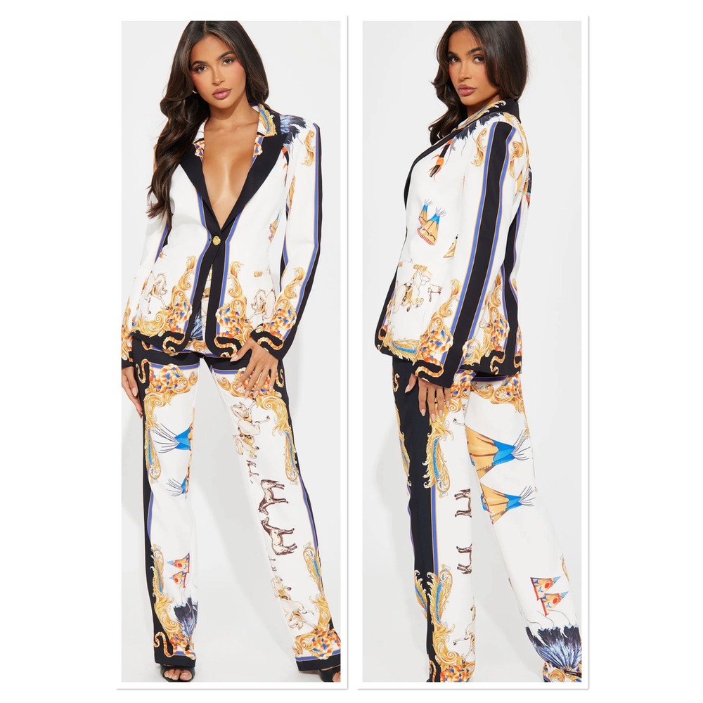 LuxeDress Womens 2 Piece Suit Set Blazer Pants Western Horse Scarf Print Size 4